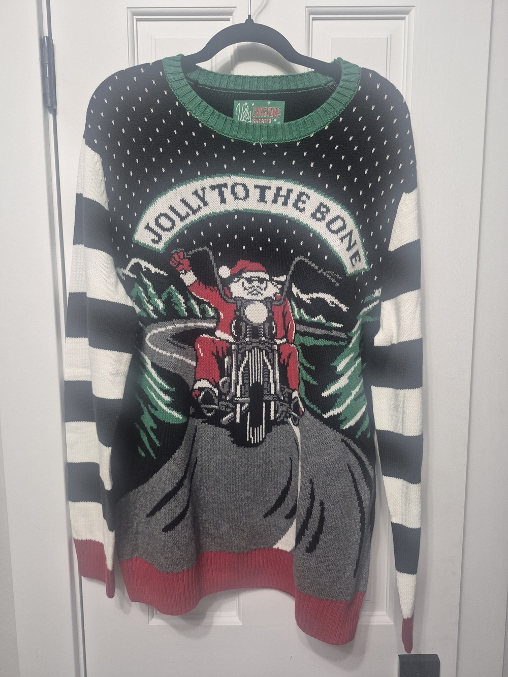 Ugly Christmas Sweater Black, White, Green & Red "Jolly to the Bone" Crewneck - Picture 2 of 4